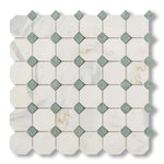 Calacatta Gold Marble Honed Octagon Mosaic Tile w/ Ming Green Dots - American Tile Depot
