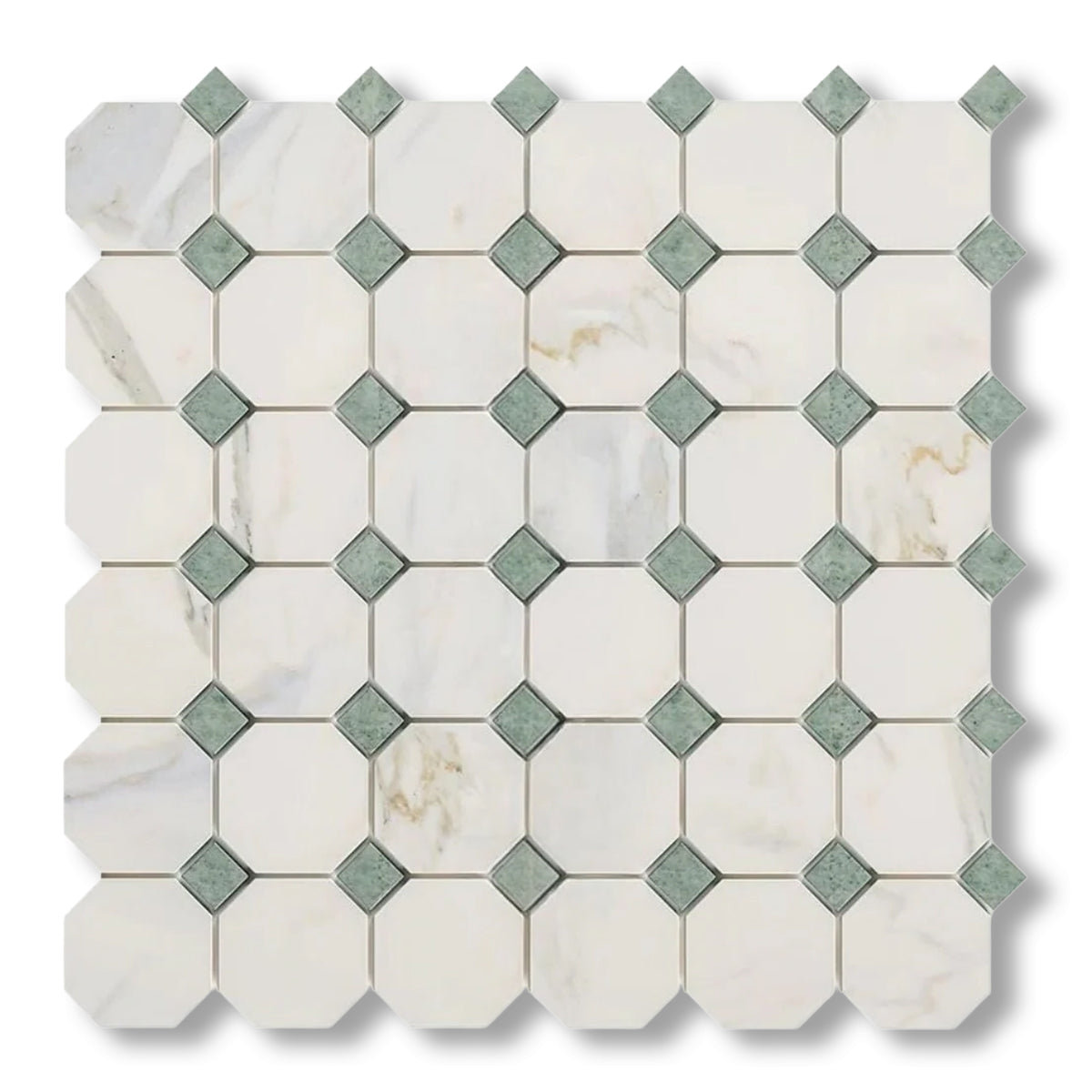 Calacatta Gold Marble Polished Octagon Mosaic Tile w/ Ming Green Dots - American Tile Depot