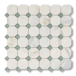 Calacatta Gold Marble Polished Octagon Mosaic Tile w/ Ming Green Dots - American Tile Depot