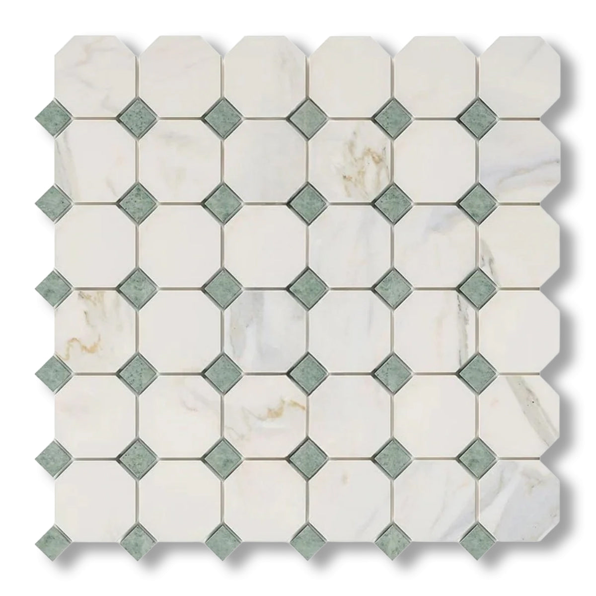 Calacatta Gold Marble Polished Octagon Mosaic Tile w/ Ming Green Dots - American Tile Depot