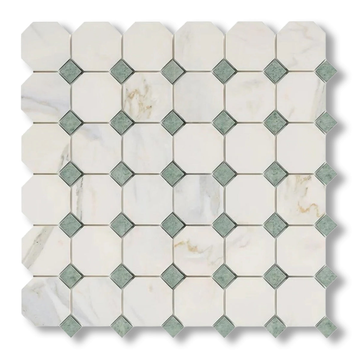 Calacatta Gold Marble Honed Octagon Mosaic Tile w/ Ming Green Dots - American Tile Depot