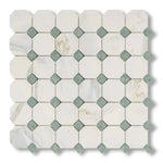Calacatta Gold Marble Polished Octagon Mosaic Tile w/ Ming Green Dots - American Tile Depot