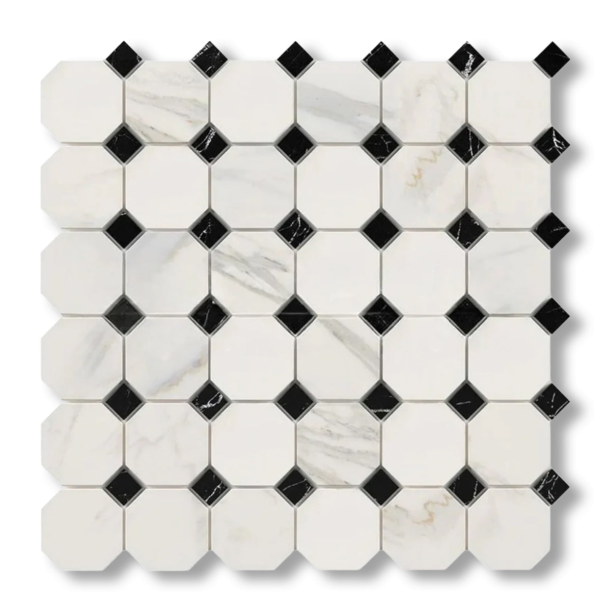 Calacatta Gold Marble Polished Octagon Mosaic Tile w/ Black Dots - American Tile Depot