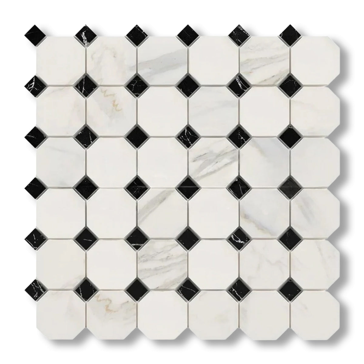 Calacatta Gold Marble Honed Octagon Mosaic Tile w/ Black Dots - American Tile Depot