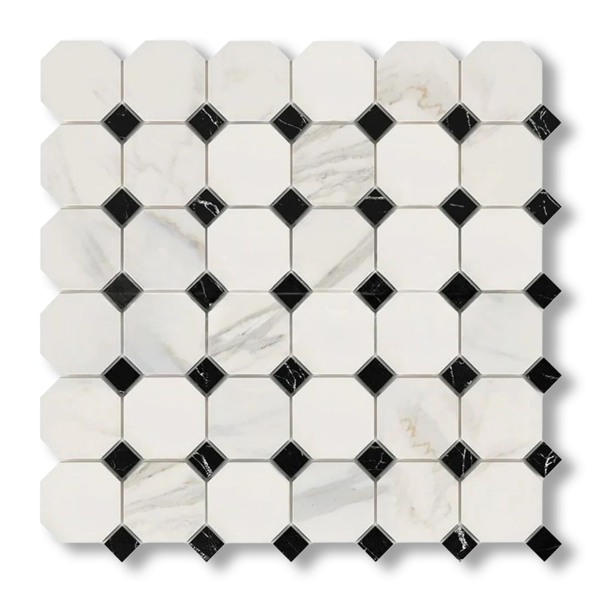 Calacatta Gold Marble Honed Octagon Mosaic Tile w/ Black Dots - American Tile Depot