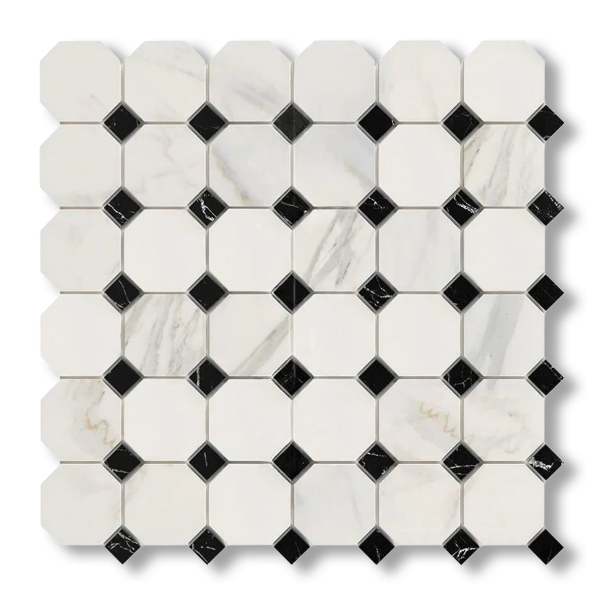 Calacatta Gold Marble Honed Octagon Mosaic Tile w/ Black Dots - American Tile Depot