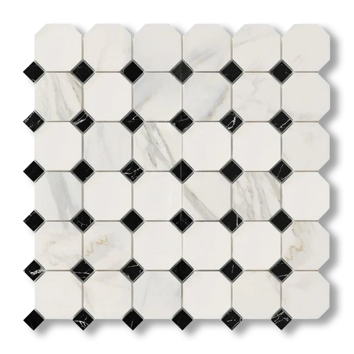 Calacatta Gold Marble Honed Octagon Mosaic Tile w/ Black Dots - American Tile Depot