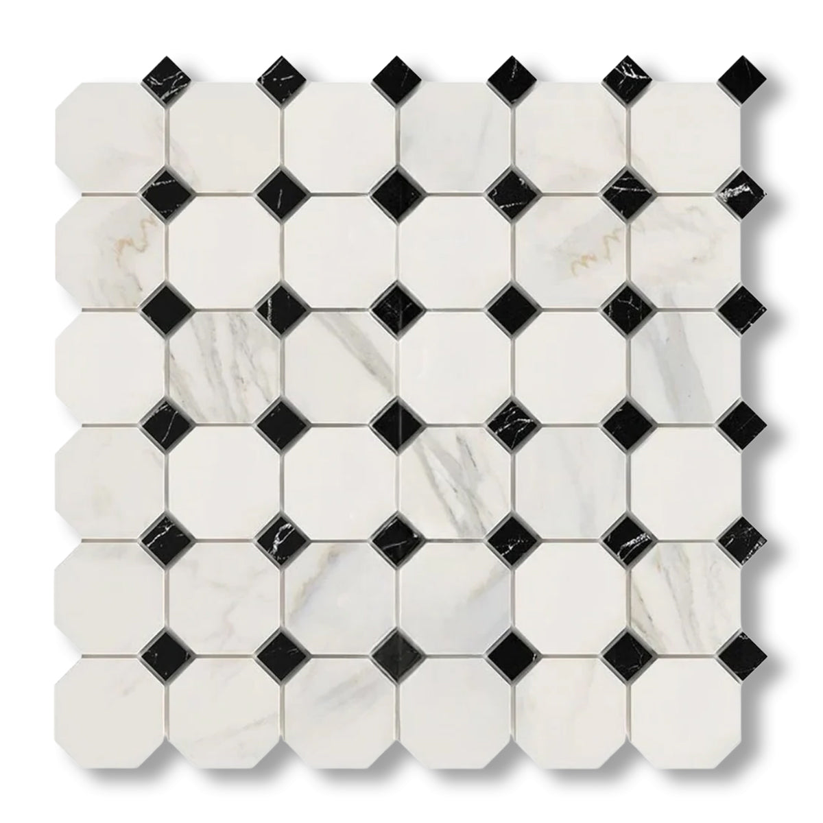 Calacatta Gold Marble Honed Octagon Mosaic Tile w/ Black Dots - American Tile Depot
