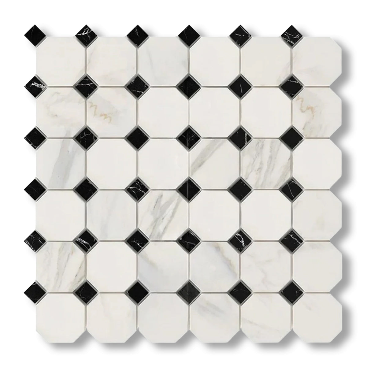 Calacatta Gold Marble Polished Octagon Mosaic Tile w/ Black Dots - American Tile Depot