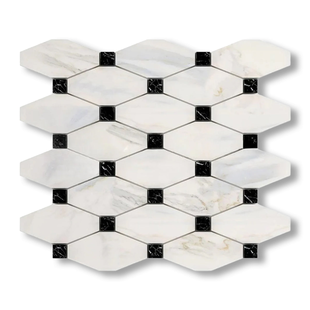 Calacatta Gold Marble Honed Octave Pattern Mosaic Tile w/ Black Dots - American Tile Depot
