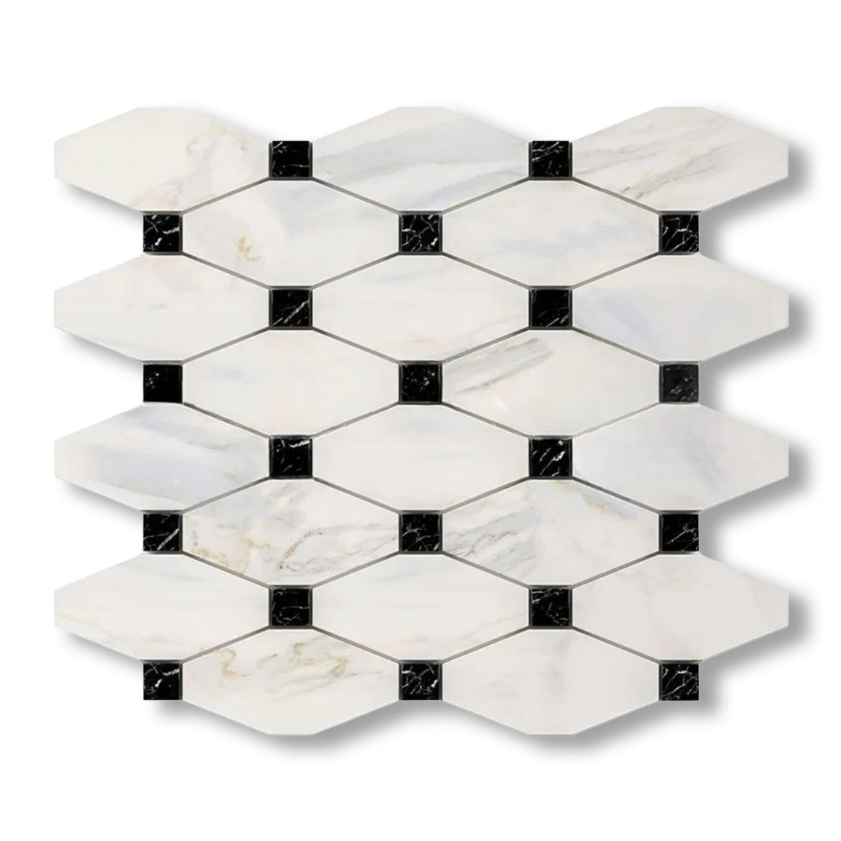 Calacatta Gold Marble Polished Octave Pattern Mosaic Tile w/ Black Dots - American Tile Depot
