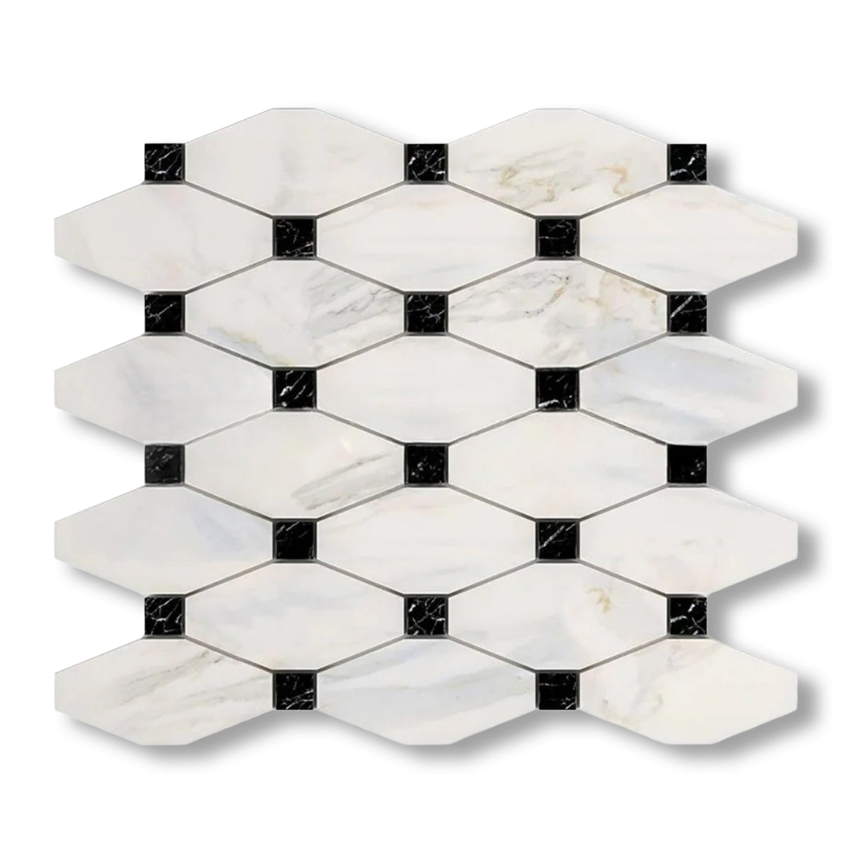 Calacatta Gold Marble Honed Octave Pattern Mosaic Tile w/ Black Dots - American Tile Depot