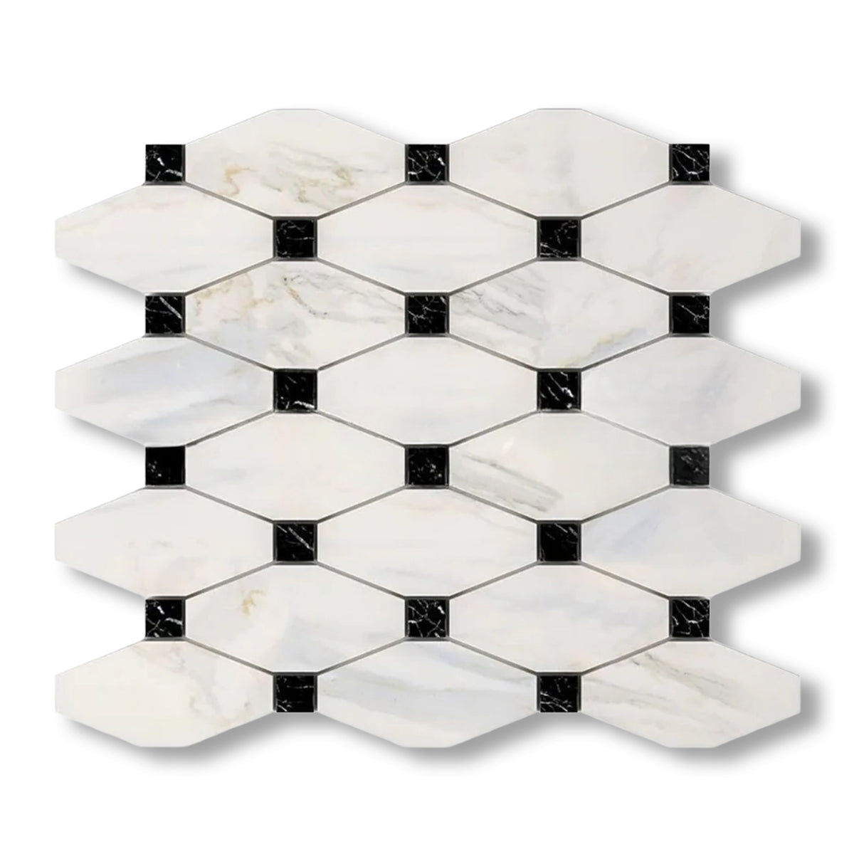 Calacatta Gold Marble Honed Octave Pattern Mosaic Tile w/ Black Dots - American Tile Depot