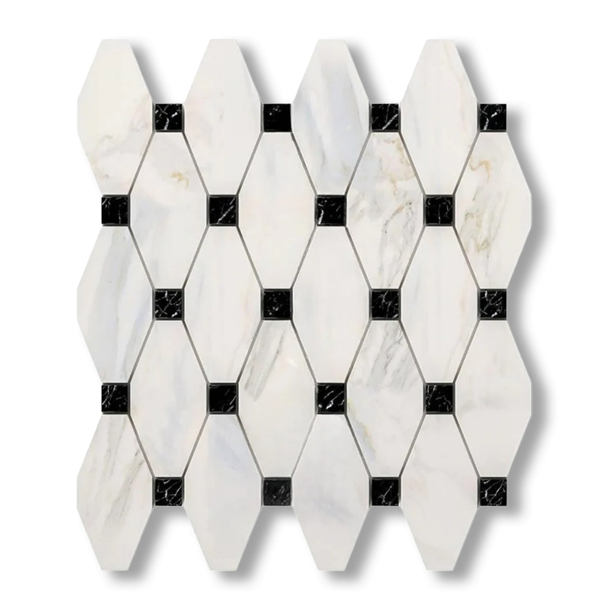 Calacatta Gold Marble Honed Octave Pattern Mosaic Tile w/ Black Dots - American Tile Depot