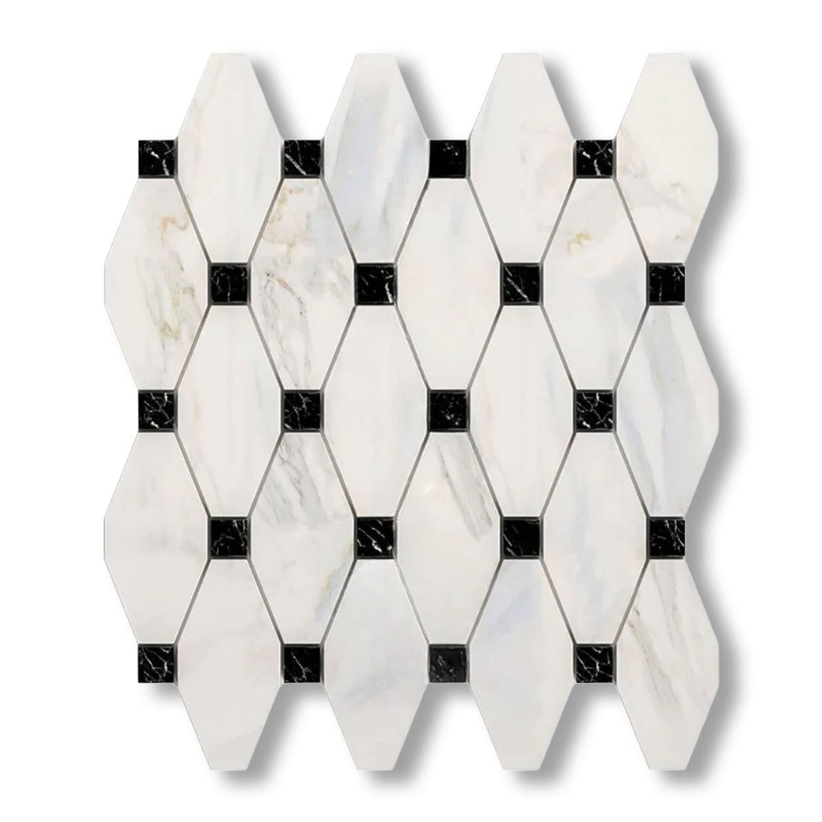 Calacatta Gold Marble Honed Octave Pattern Mosaic Tile w/ Black Dots - American Tile Depot