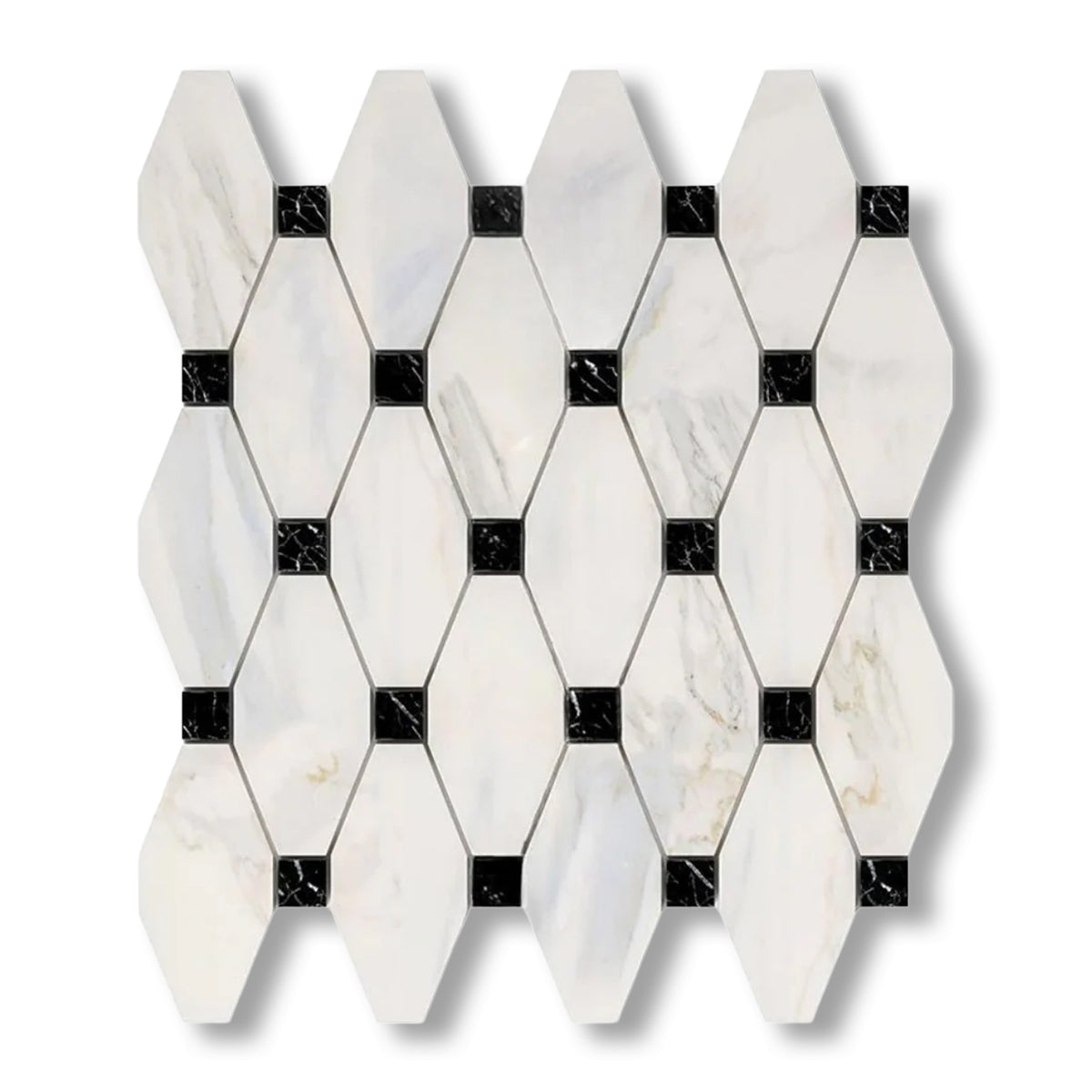 Calacatta Gold Marble Honed Octave Pattern Mosaic Tile w/ Black Dots - American Tile Depot