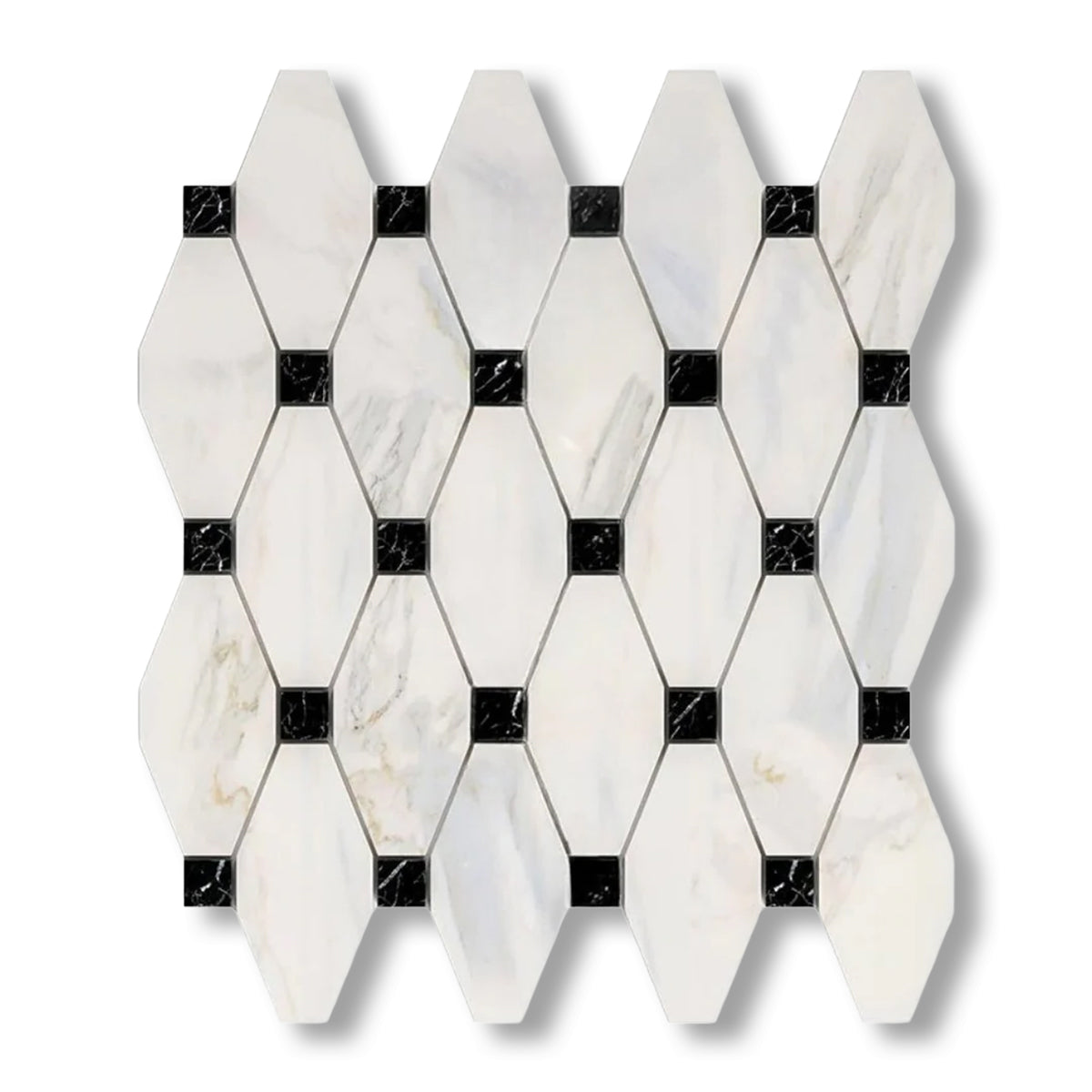 Calacatta Gold Marble Honed Octave Pattern Mosaic Tile w/ Black Dots - American Tile Depot