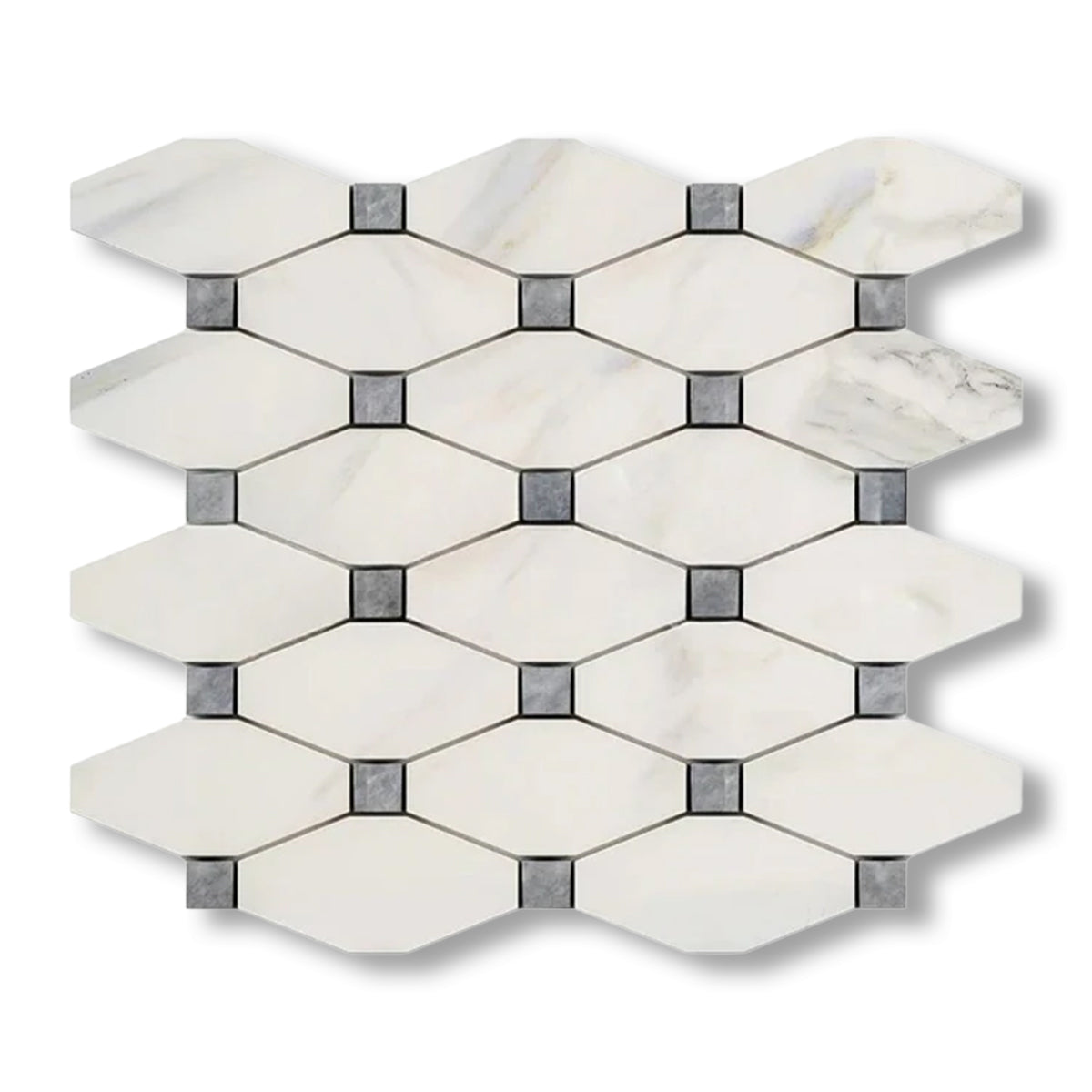 Calacatta Gold Marble Polished Octave Pattern Mosaic Tile w/ Blue-Gray Dots - American Tile Depot