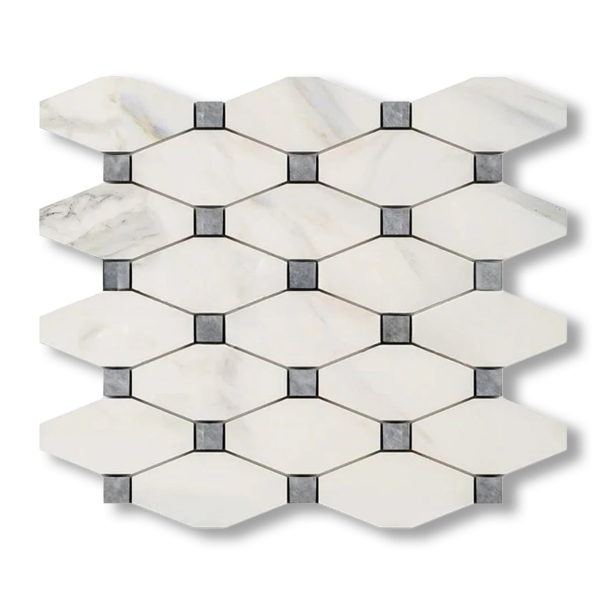 Calacatta Gold Marble Polished Octave Pattern Mosaic Tile w/ Blue-Gray Dots - American Tile Depot