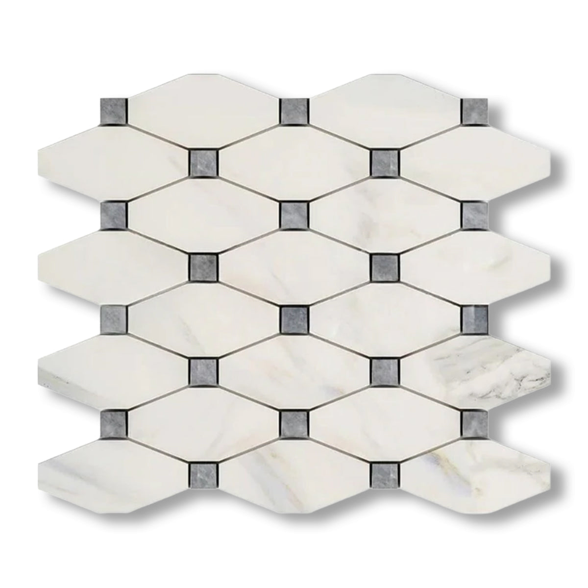 Calacatta Gold Marble Honed Octave Pattern Mosaic Tile w/ Blue-Gray Dots - American Tile Depot