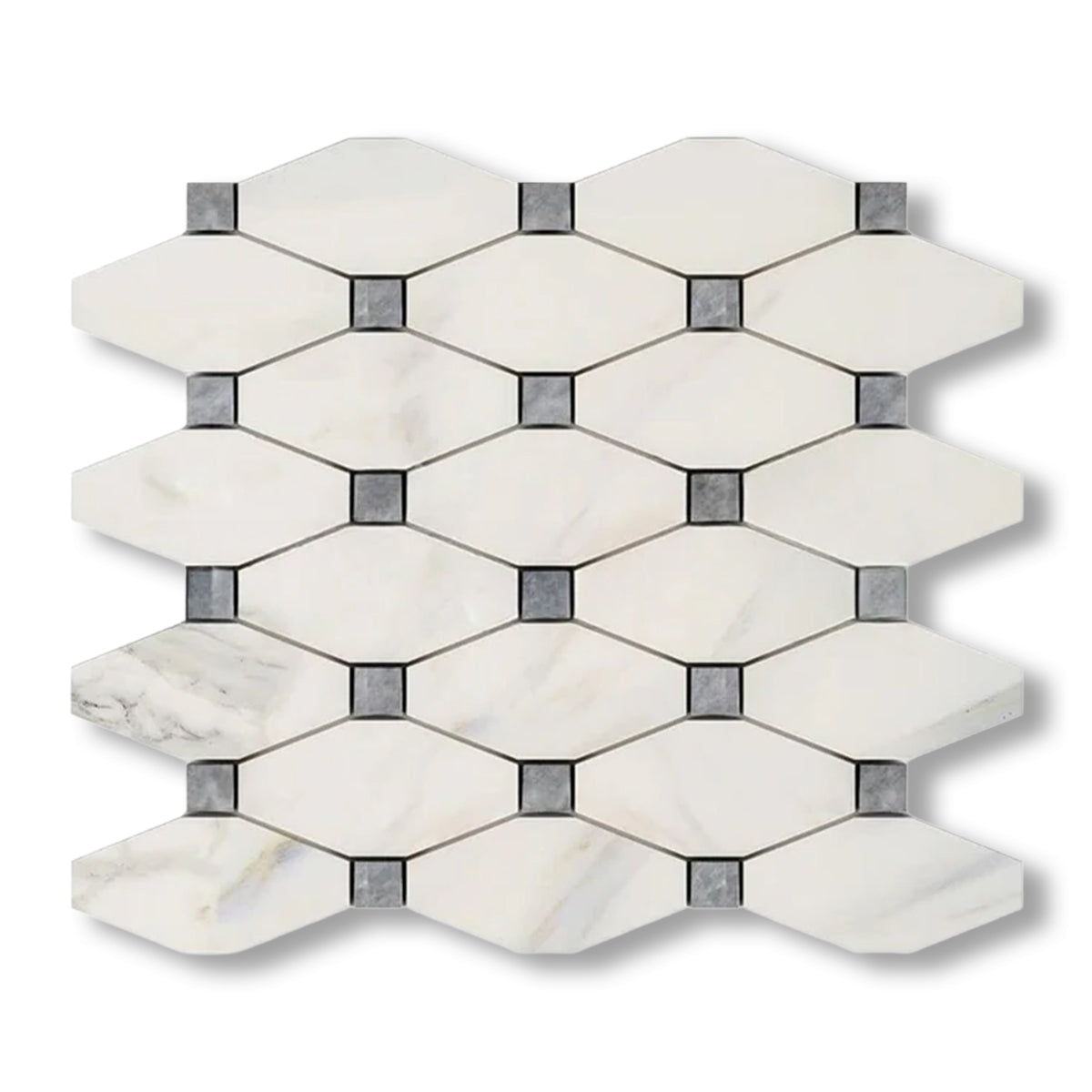Calacatta Gold Marble Honed Octave Pattern Mosaic Tile w/ Blue-Gray Dots - American Tile Depot