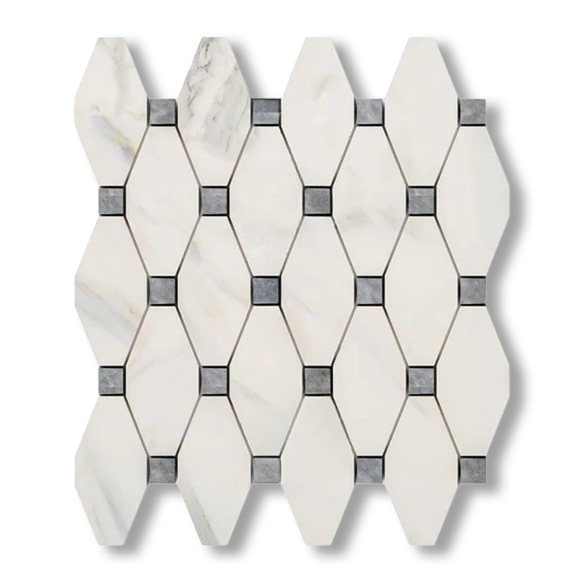 Calacatta Gold Marble Honed Octave Pattern Mosaic Tile w/ Blue-Gray Dots - American Tile Depot