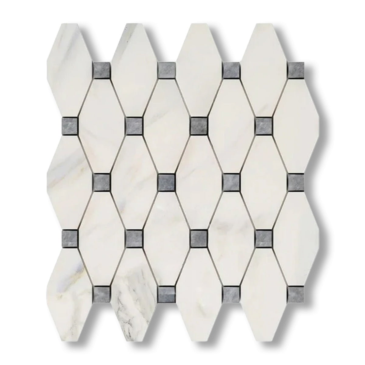 Calacatta Gold Marble Polished Octave Pattern Mosaic Tile w/ Blue-Gray Dots - American Tile Depot