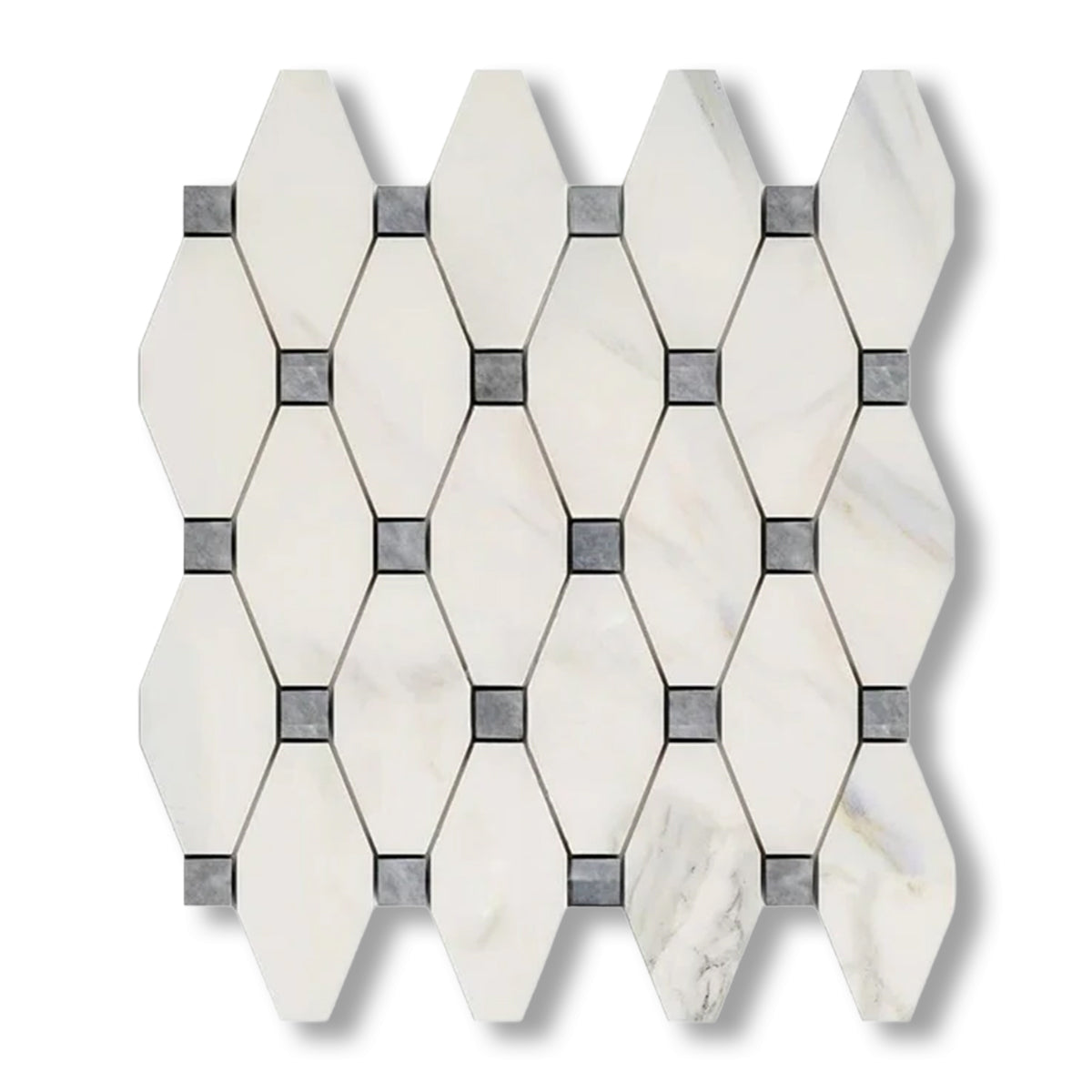 Calacatta Gold Marble Honed Octave Pattern Mosaic Tile w/ Blue-Gray Dots - American Tile Depot