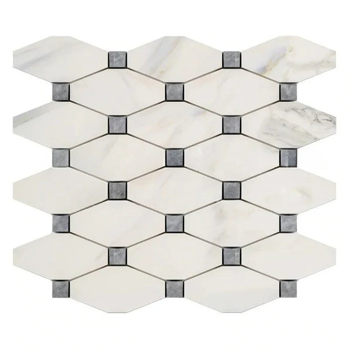 Calacatta Gold Marble Honed Octave Pattern Mosaic Tile w/ Blue-Gray Dots Calacatta Gold Marble Honed Octave Pattern Mosaic Tile w/ Blue-Gray Dots - American Tile Depot