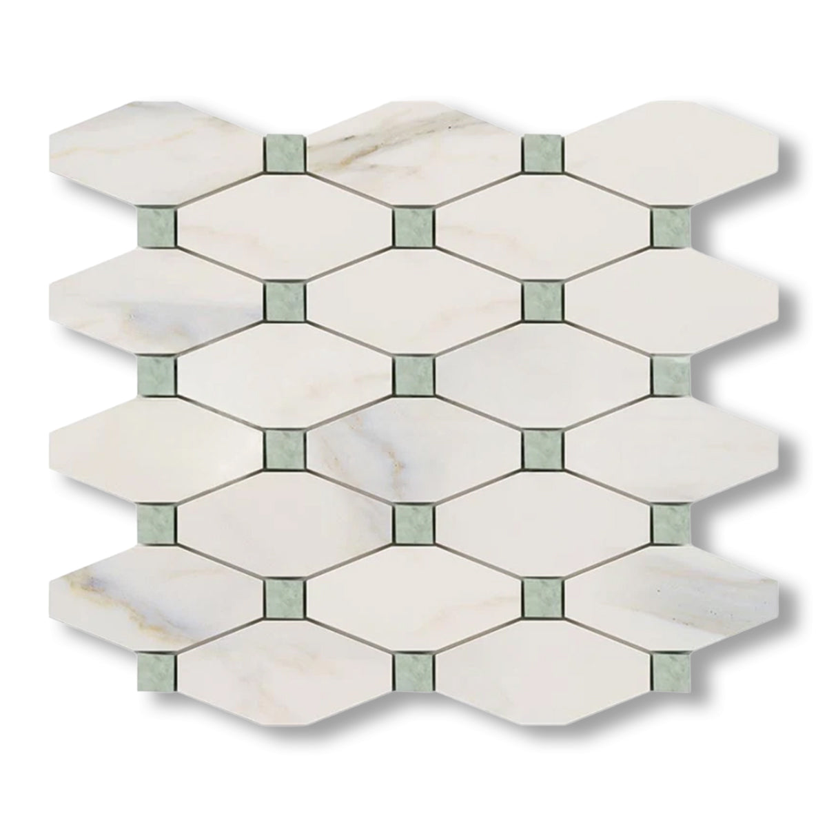 Calacatta Gold Marble Honed Octave Pattern Mosaic Tile w/ Ming Green Dots - American Tile Depot