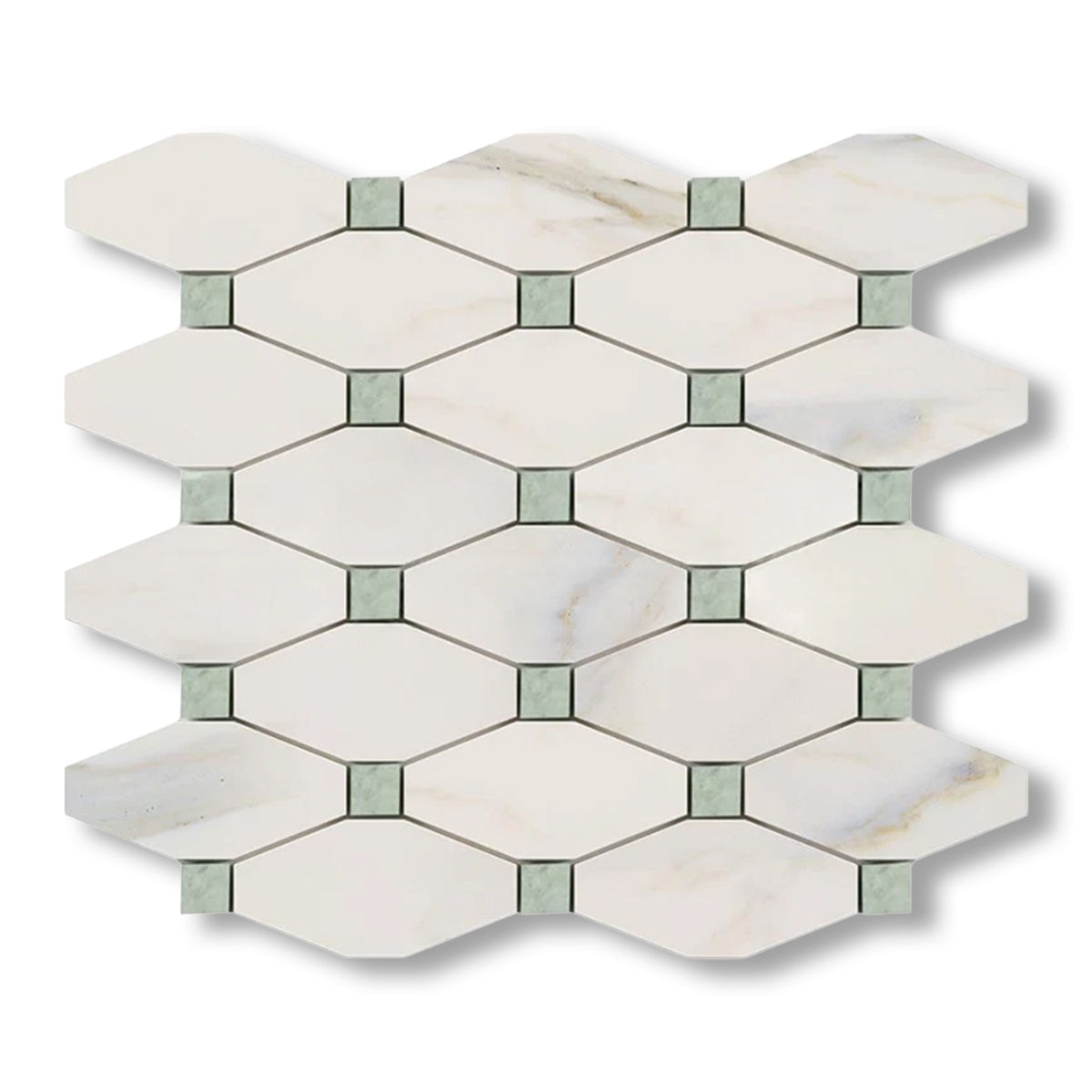Calacatta Gold Marble Polished Octave Pattern Mosaic Tile w/ Ming Green Dots - American Tile Depot