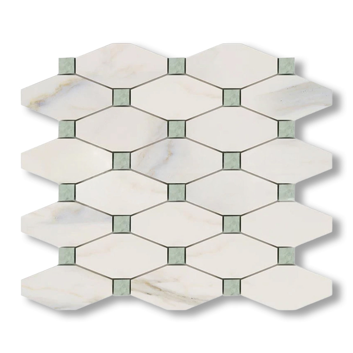 Calacatta Gold Marble Honed Octave Pattern Mosaic Tile w/ Ming Green Dots - American Tile Depot