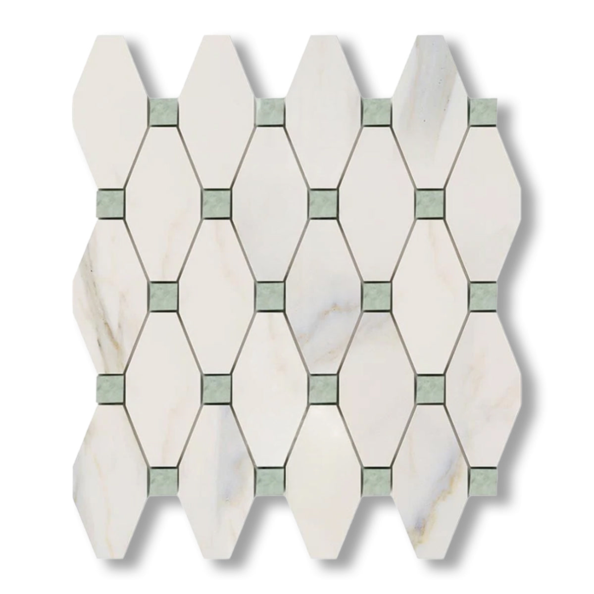 Calacatta Gold Marble Honed Octave Pattern Mosaic Tile w/ Ming Green Dots - American Tile Depot