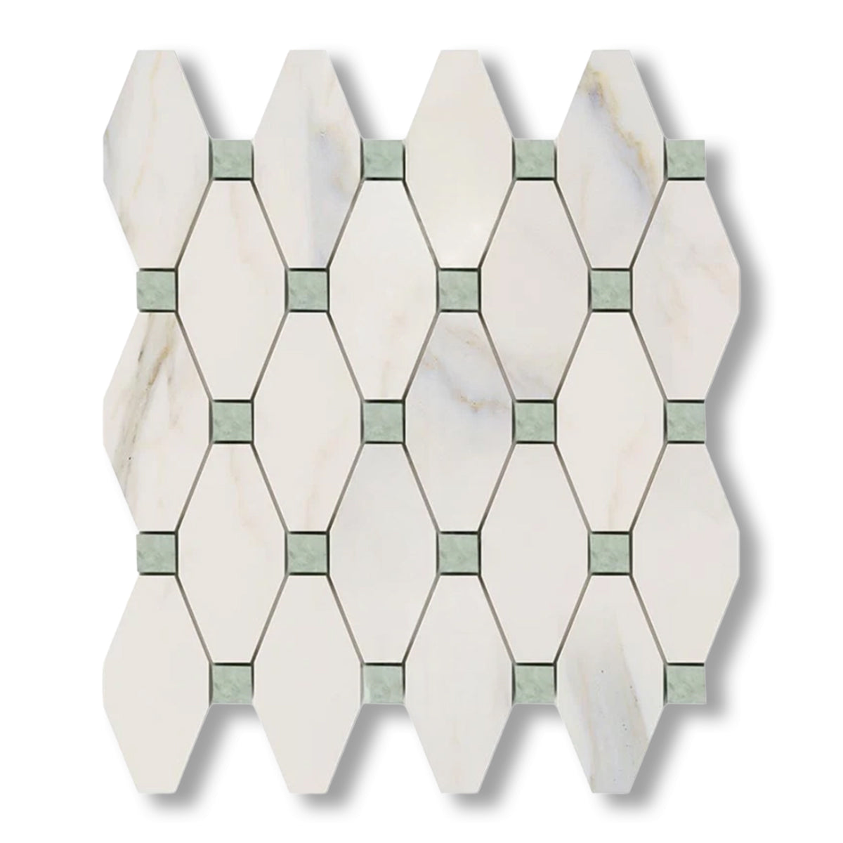 Calacatta Gold Marble Honed Octave Pattern Mosaic Tile w/ Ming Green Dots - American Tile Depot