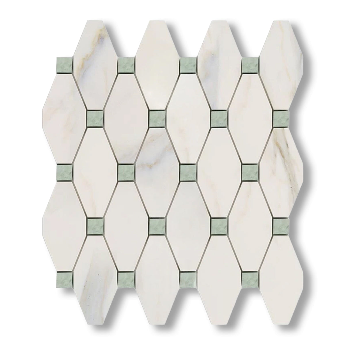 Calacatta Gold Marble Honed Octave Pattern Mosaic Tile w/ Ming Green Dots - American Tile Depot