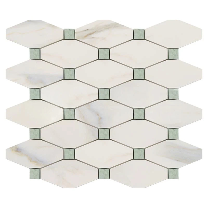 Calacatta Gold Marble Honed Octave Pattern Mosaic Tile w/ Ming Green Dots Calacatta Gold Marble Honed Octave Pattern Mosaic Tile w/ Ming Green Dots - American Tile Depot