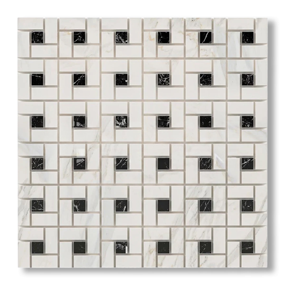 Calacatta Gold Marble Honed Pinwheel Mosaic Tile w/ Black Dots - American Tile Depot