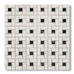 Calacatta Gold Marble Honed Pinwheel Mosaic Tile w/ Black Dots - American Tile Depot