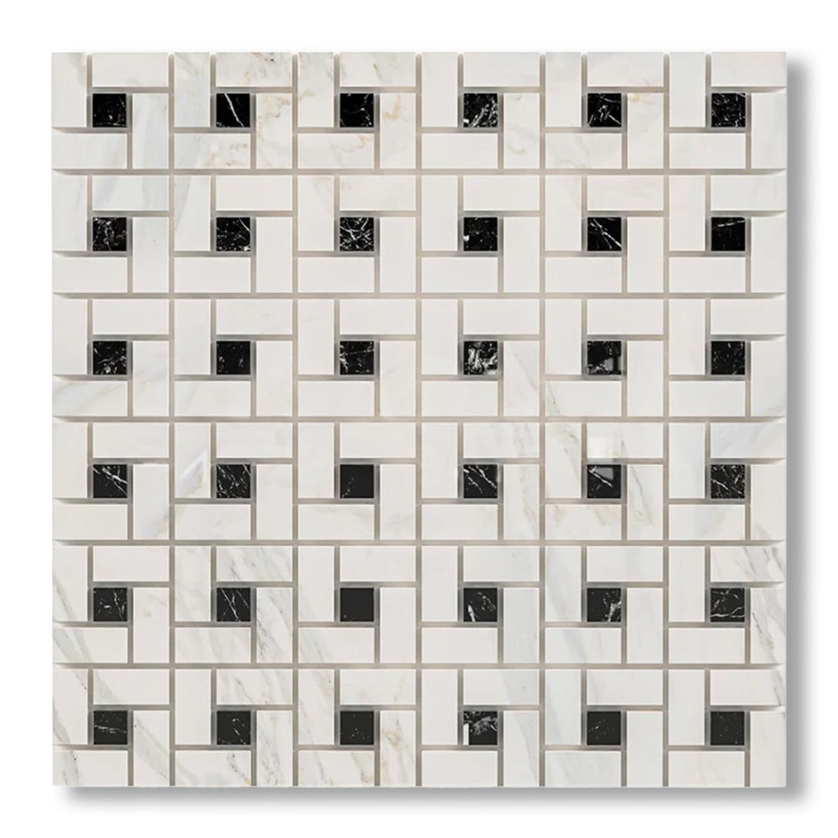 Calacatta Gold Marble Polished Pinwheel Mosaic Tile w/ Black Dots - American Tile Depot