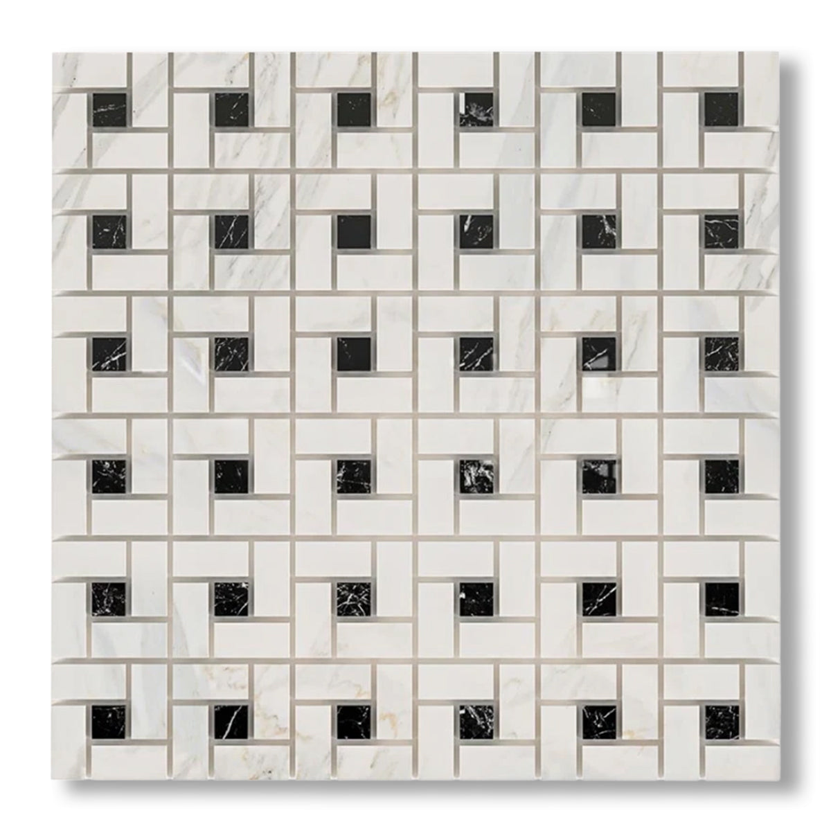 Calacatta Gold Marble Honed Pinwheel Mosaic Tile w/ Black Dots - American Tile Depot