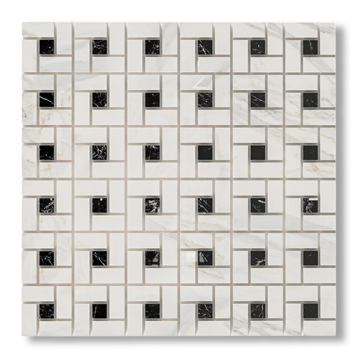 Calacatta Gold Marble Honed Pinwheel Mosaic Tile w/ Black Dots - American Tile Depot