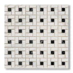Calacatta Gold Marble Honed Pinwheel Mosaic Tile w/ Black Dots - American Tile Depot