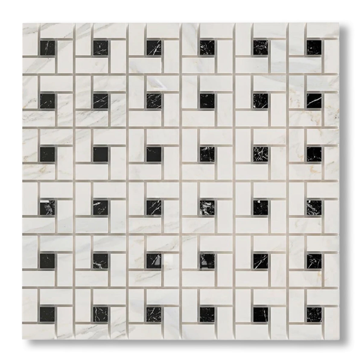 Calacatta Gold Marble Honed Pinwheel Mosaic Tile w/ Black Dots - American Tile Depot