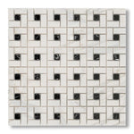 Calacatta Gold Marble Honed Pinwheel Mosaic Tile w/ Black Dots - American Tile Depot