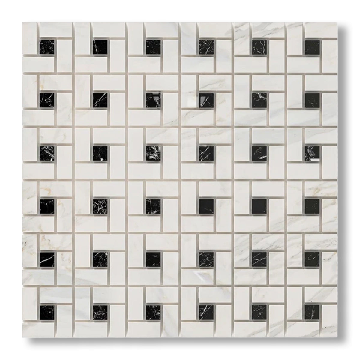 Calacatta Gold Marble Honed Pinwheel Mosaic Tile w/ Black Dots - American Tile Depot
