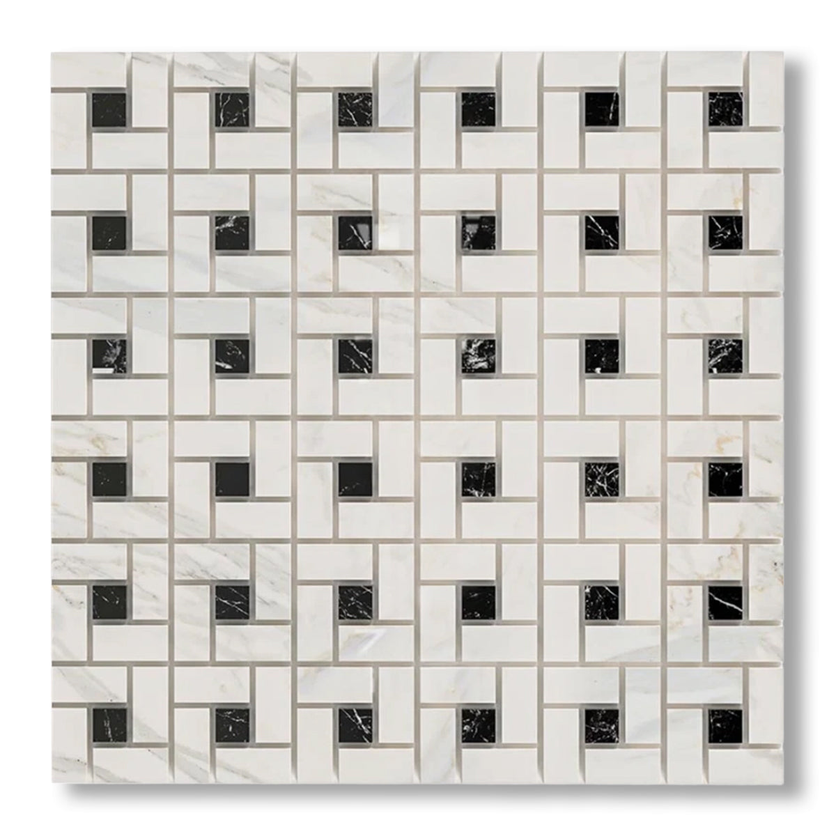 Calacatta Gold Marble Honed Pinwheel Mosaic Tile w/ Black Dots - American Tile Depot