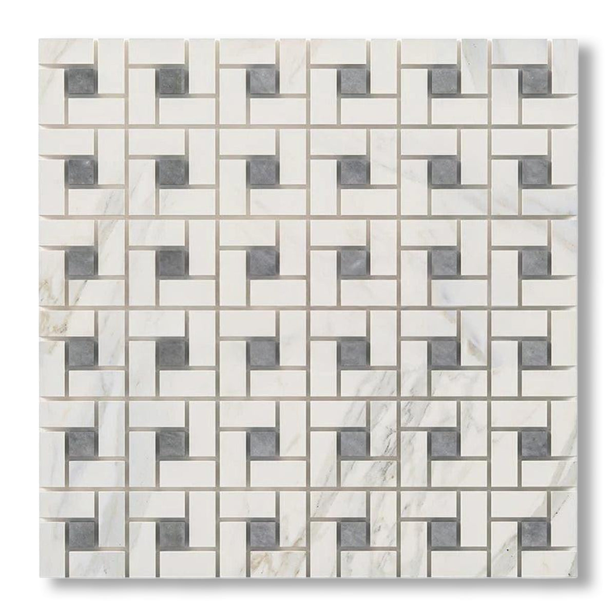 Calacatta Gold Marble Honed Pinwheel Mosaic Tile w/ Blue-Gray Dots - American Tile Depot