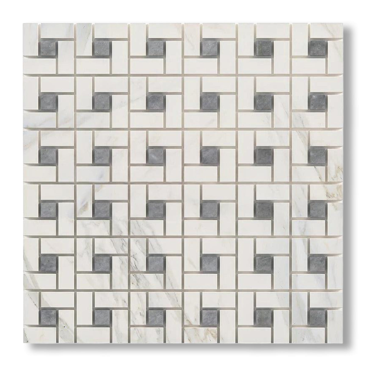Calacatta Gold Marble Polished Pinwheel Mosaic Tile w/ Blue-Gray Dots - American Tile Depot