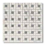 Calacatta Gold Marble Honed Pinwheel Mosaic Tile w/ Blue-Gray Dots - American Tile Depot