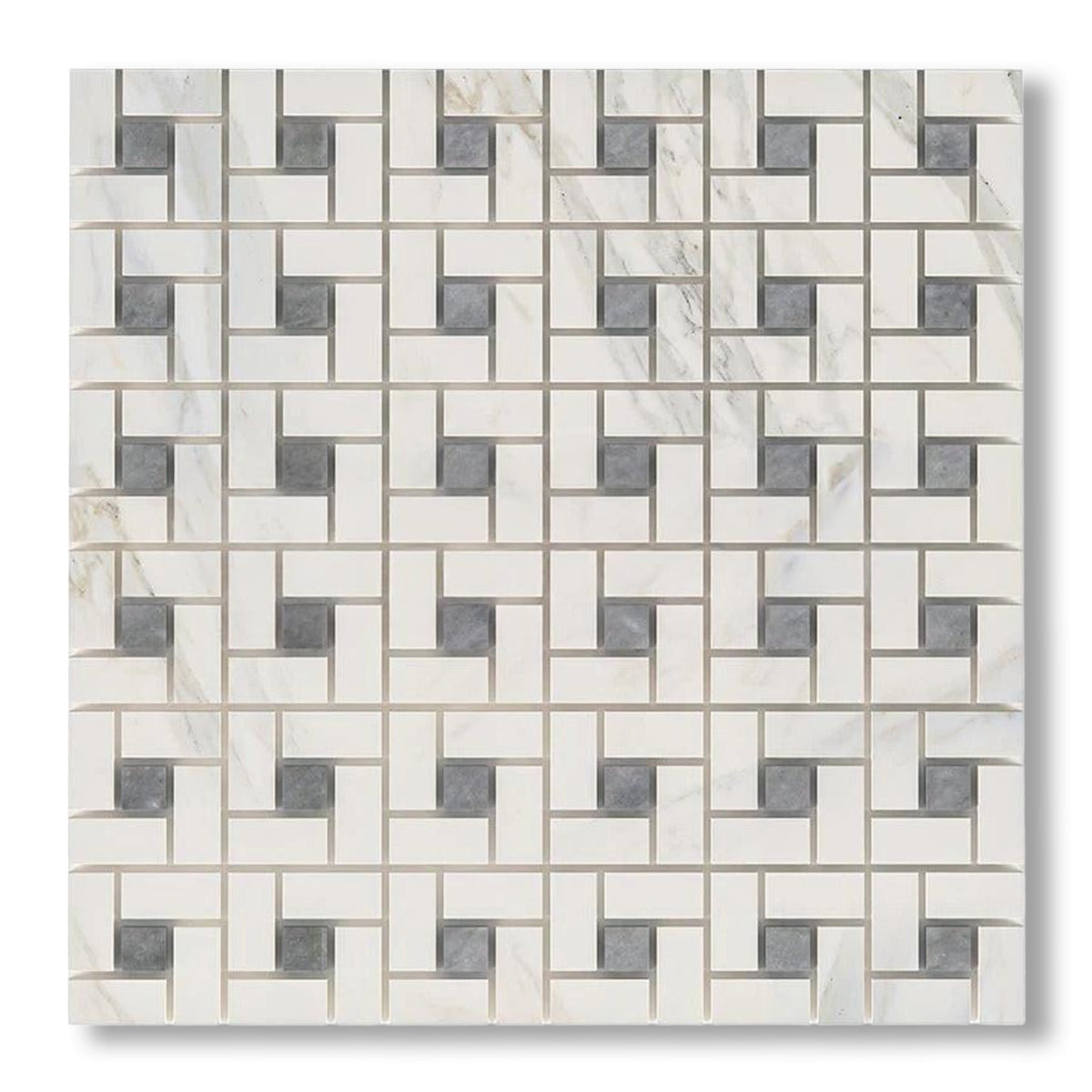 Calacatta Gold Marble Polished Pinwheel Mosaic Tile w/ Blue-Gray Dots - American Tile Depot
